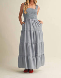 Mustard Seed Square Neck Smocked Tiered Maxi Dress in denim - women's dress