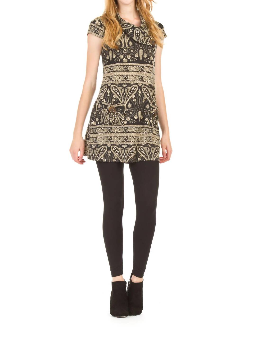 Papillon - Paisley Border Print Cap Sleeve Drape Collar Dress