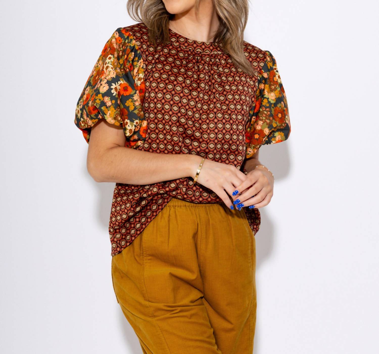 Ivy Jane Floral Flair Puff Sleeve Top in brown - women's blouse - view 6