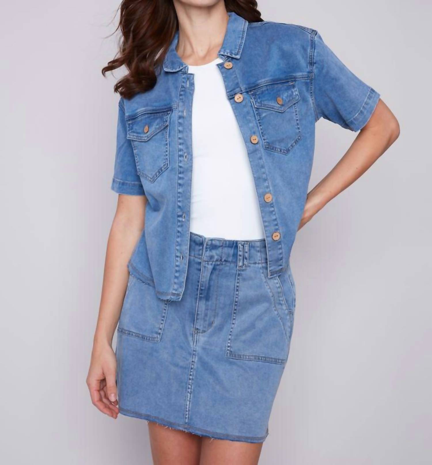 CHARLIE B Short Sleeve Cargo Jacket in chambray - women's jacket