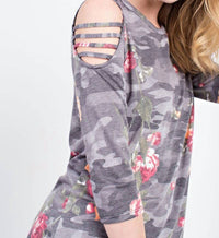 12Pm By Mon Ami - Floral Cold Shoulder 3/4 Sleeve Top