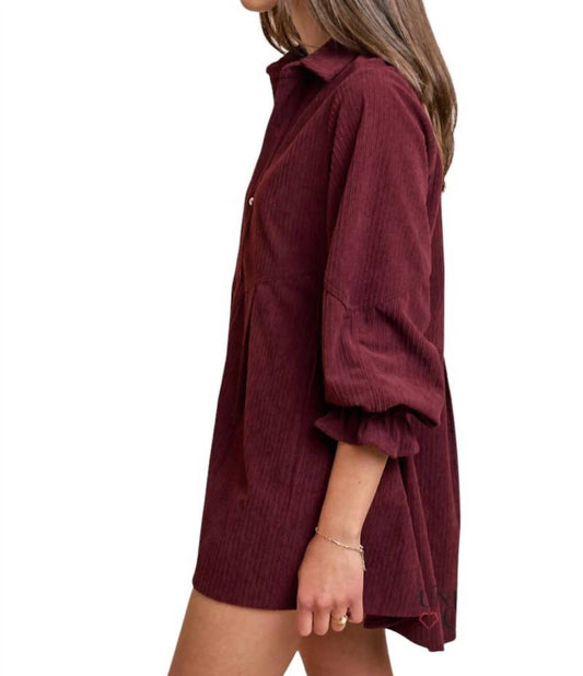 Lalavon - Allison Corduroy Button Up Shirt Mini Dress