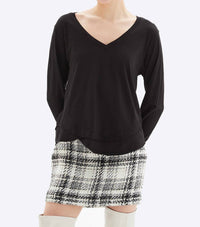 CHRLDR Ava V-neck Long Sleeve Mock Layer T-shirt in black - women's long sleeve top