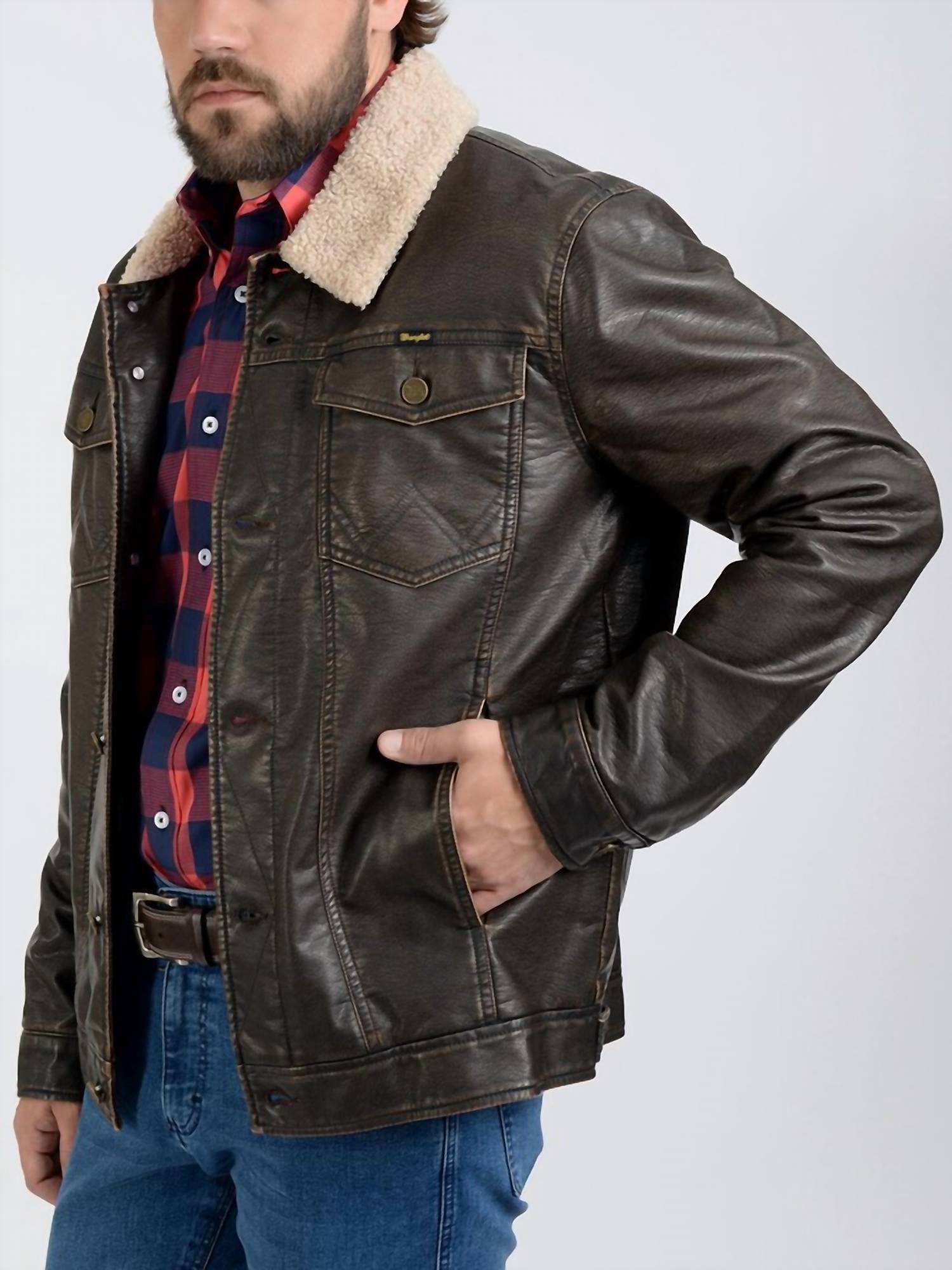 Wrangler - Faux Leather Chest Pockets Sherpa Jacket
