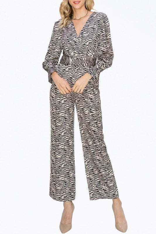 TONI ZEBRA-PRINT BELTED WRAP-EFFECT SATEEN JUMPSUIT