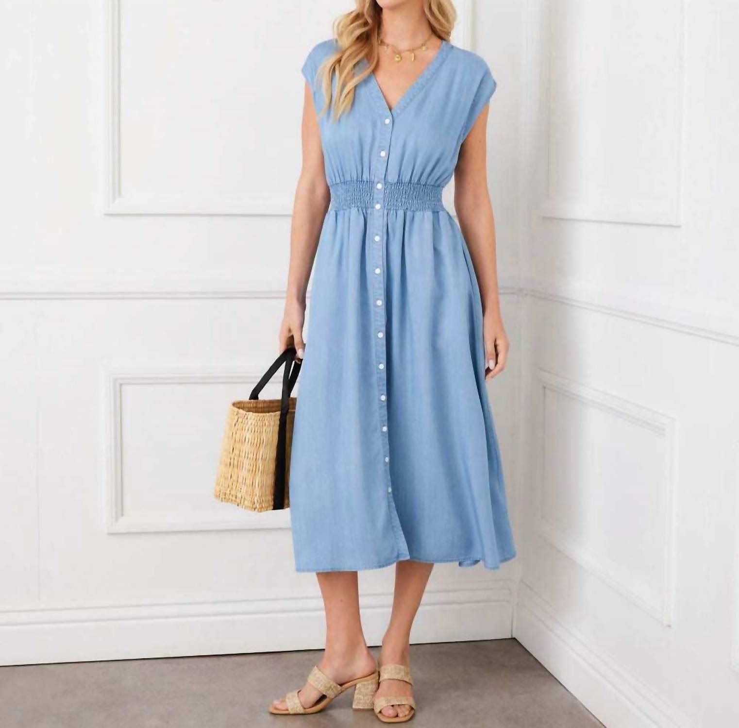 Karen Kane - Cap Sleeve Smocked Waist Button-Up Midi Dress