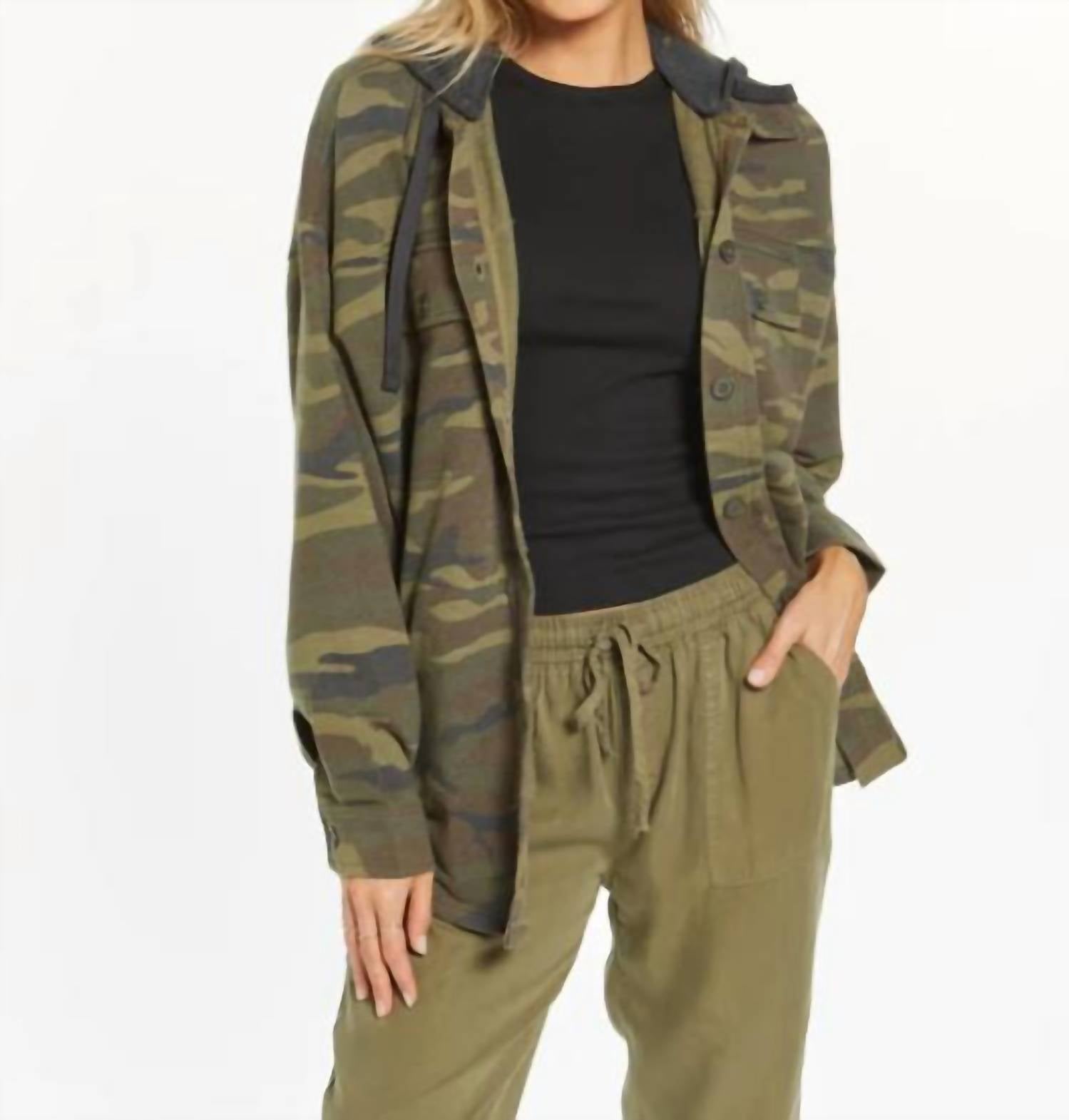 Thread & Supply Hooded Camo Shacket in green - women's top