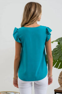 Mine - Split Neck Ruffle Sleeve Blouse