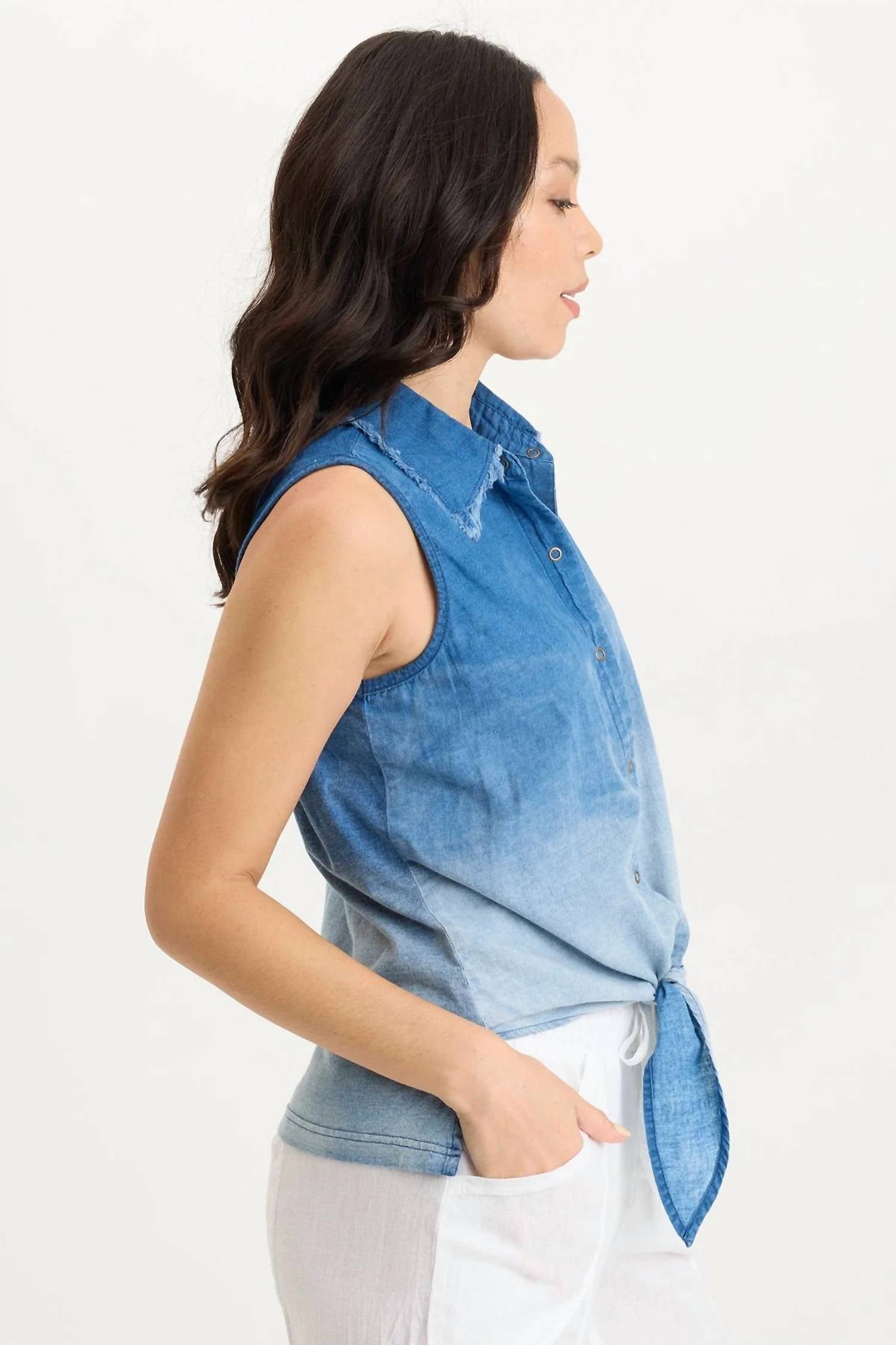 Xcvi - Tague Twill Knotted High-low Snap-up Tank
