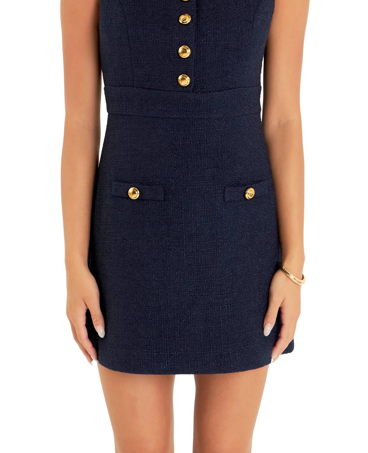 English Factory - Gold Button Pointed Tweed Dress