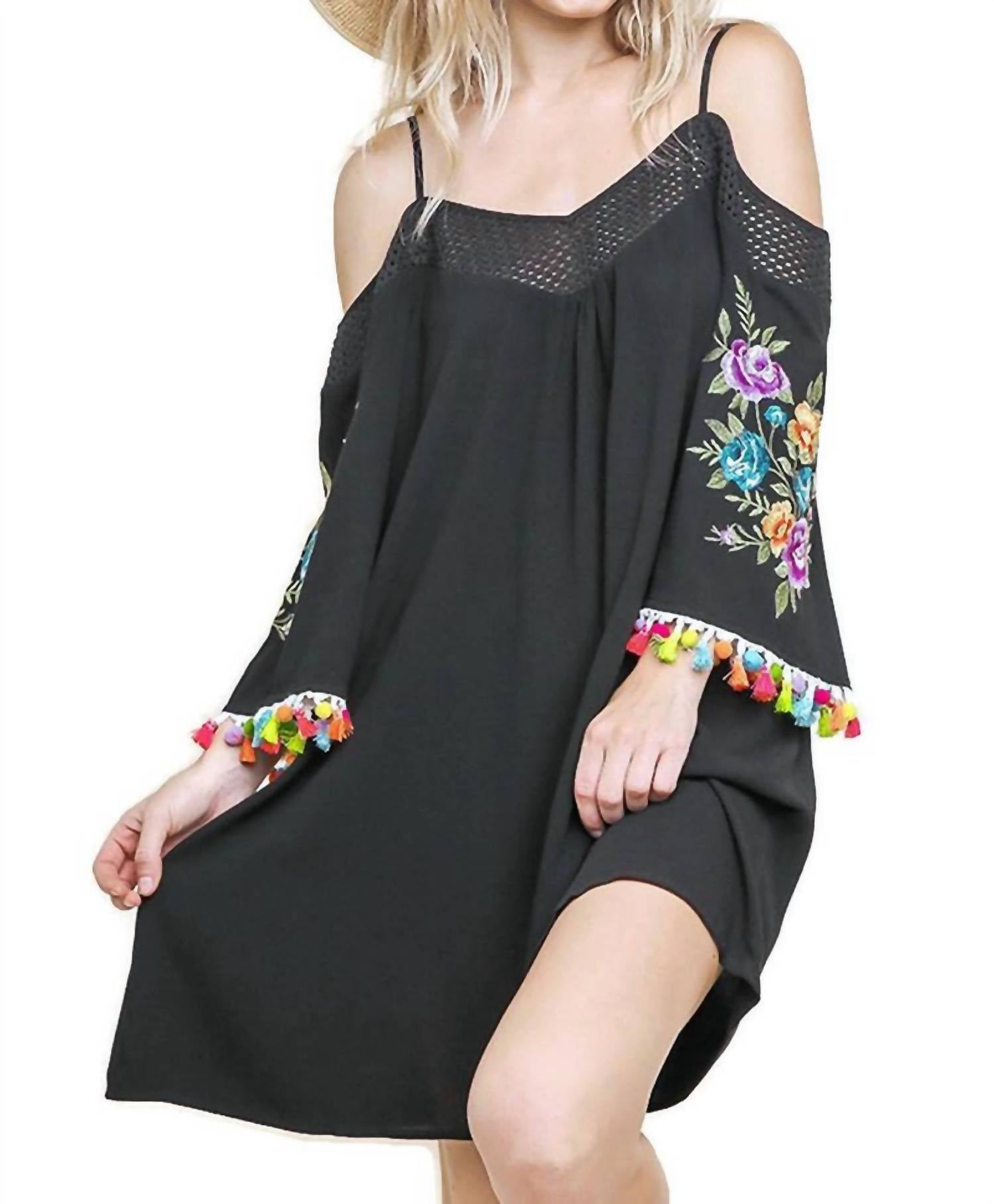 Umgee - Floral Embroided Pom And Tassel Mini Dress