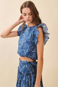 Tcec - Floral Print Layered Ruffle Sleeves Crop Top