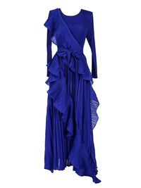 Beulah Asymmetrical Ruffled Details Pleats Maxi Dress in blue - women's dress - view 5