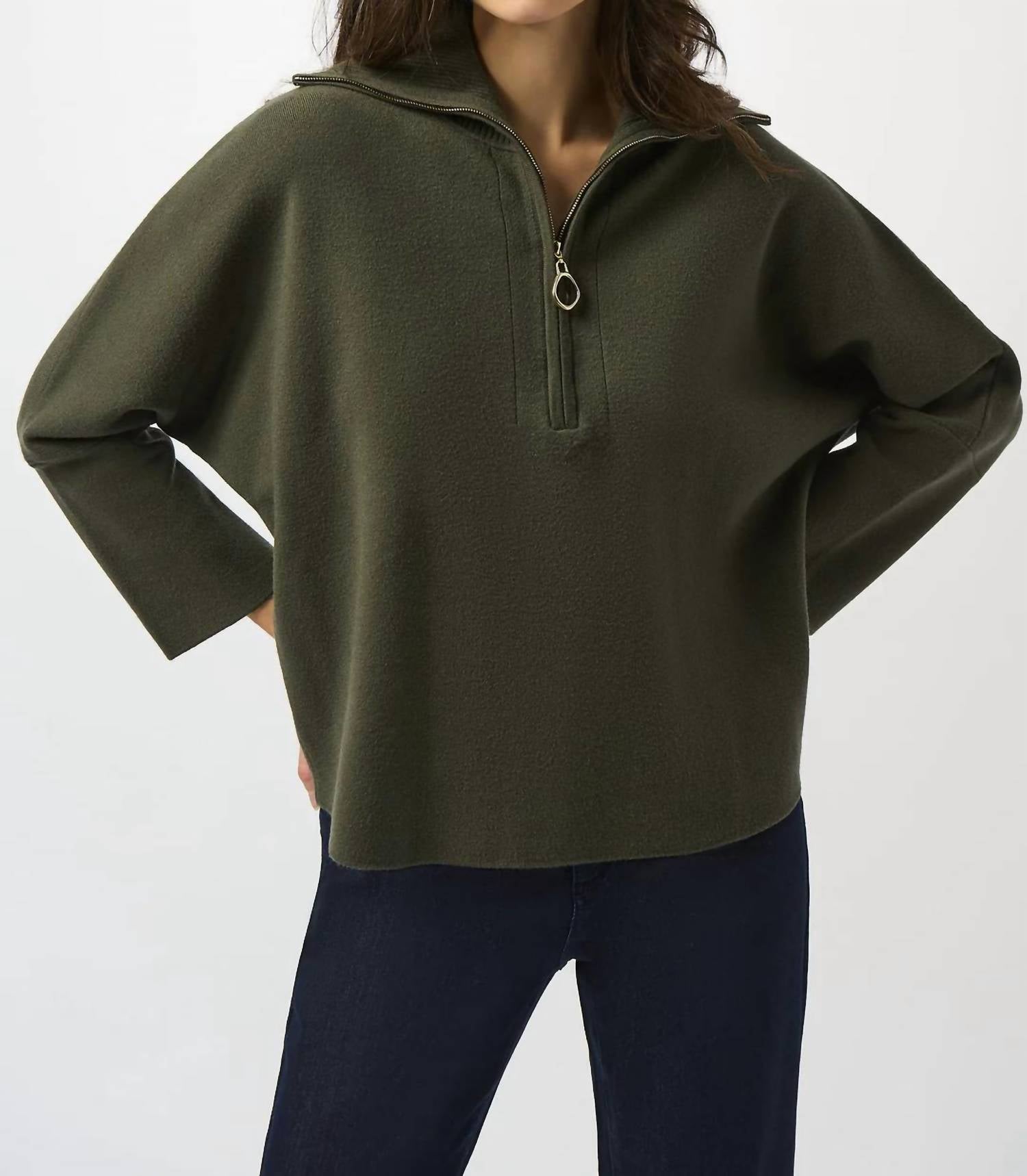 Joseph Ribkoff - Zipped Collar 3/4 Sleeves Boxy Sweater Top