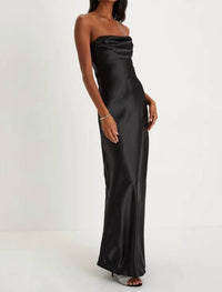 Lulus Exquisite Shine Satin Rhinestone Strapless Maxi Dress in black - women's dress - detail view