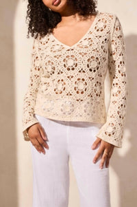 Tribal - Open Fancy Crochet V-neck Bell Slv Swtr