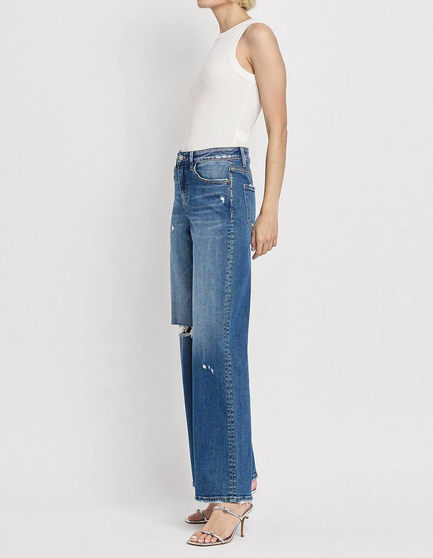Flying Monkey - High Rise Distressed Wide Leg Jeans With Knee Slit