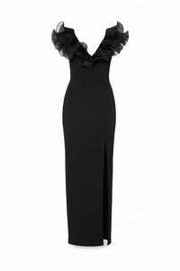 Aqua - Scuba Crepe Ruffled Slit Gown