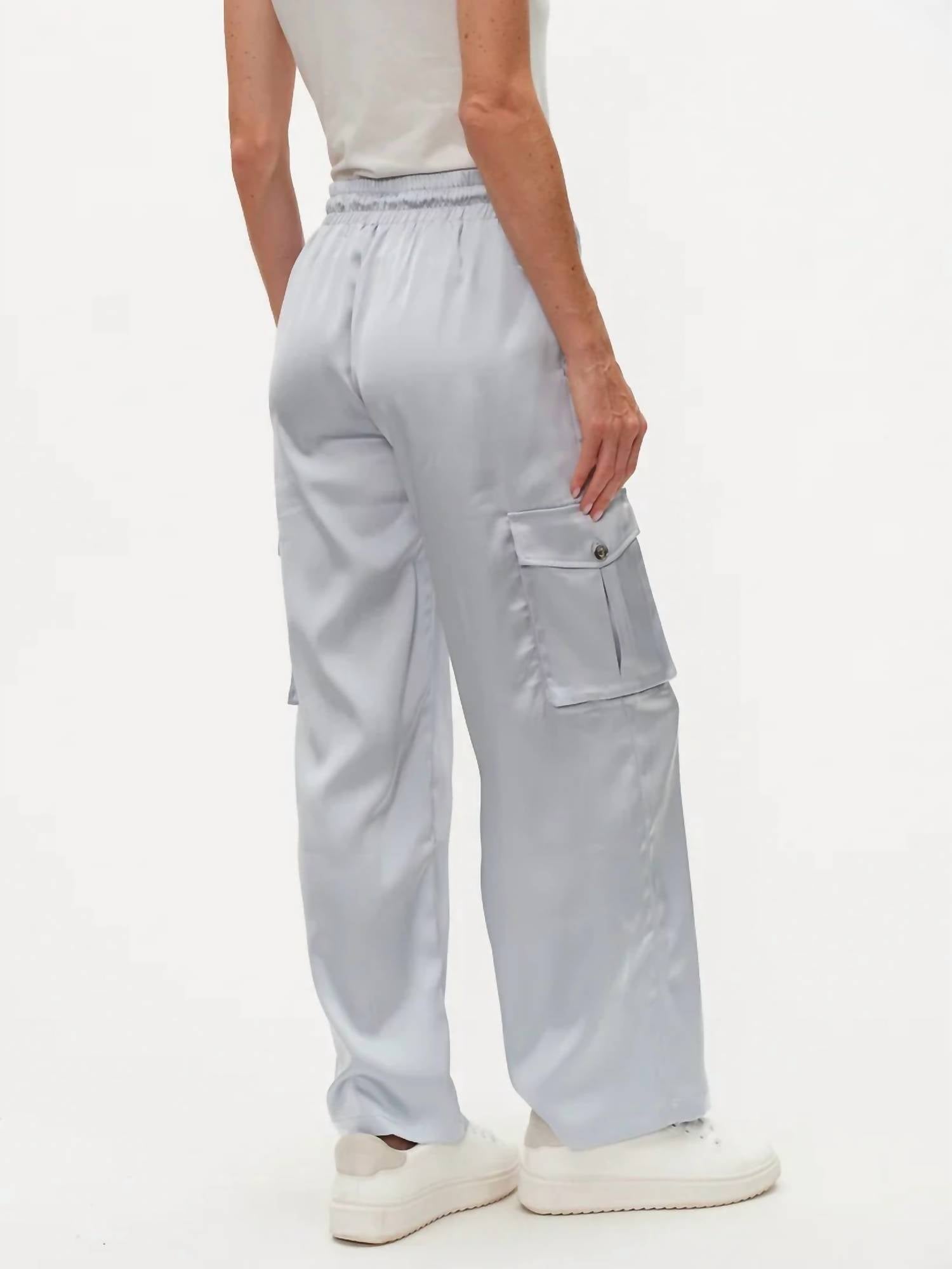 SIX/FIFTY Elsa Satin Cargo Pants in frosted blue - women's pants - detail view