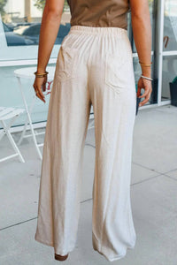 66Disco - Elastic Waist Button Pleated Detail Wide Leg Pants