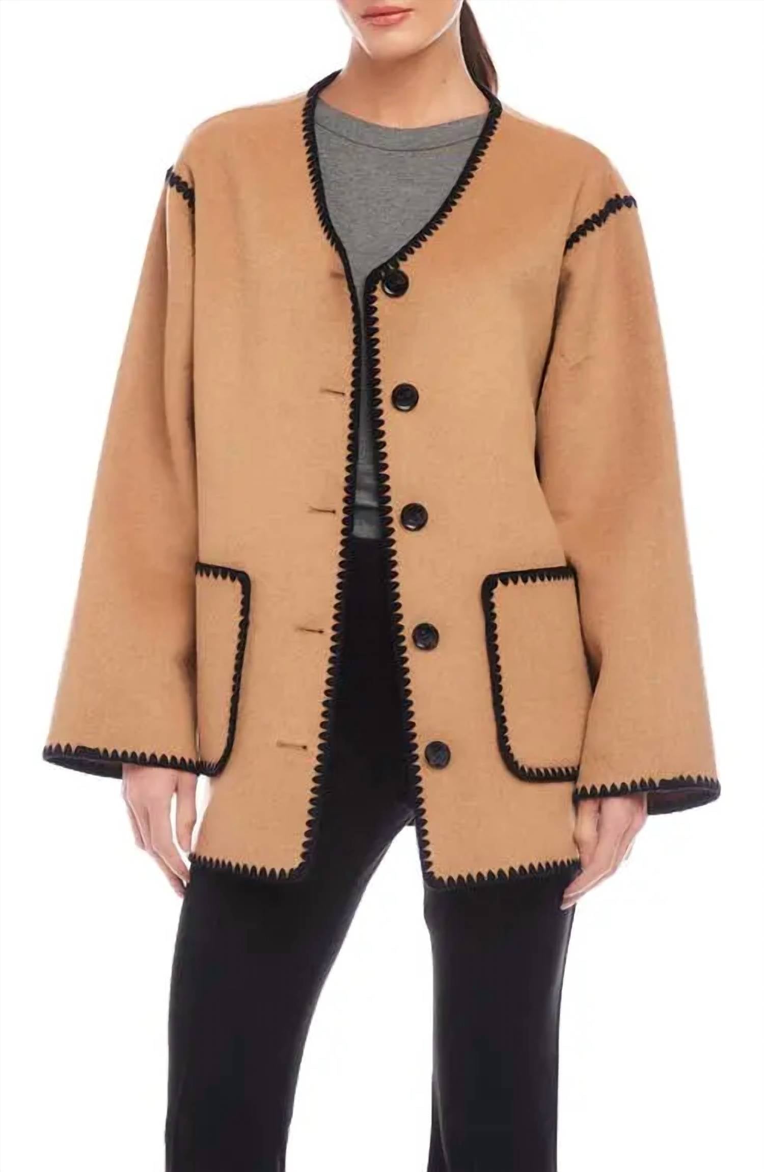 Fifteen Twenty Nico Contrast Stitchwork Jacket in camel - women's jacket