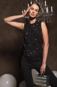 Minnie Rose Floral Applique Shell Tank Top in black - women's tank top - alternate view