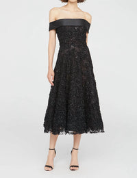 Theia - Roxy Off Shoulder A Line Floral Lurex Midi Dress