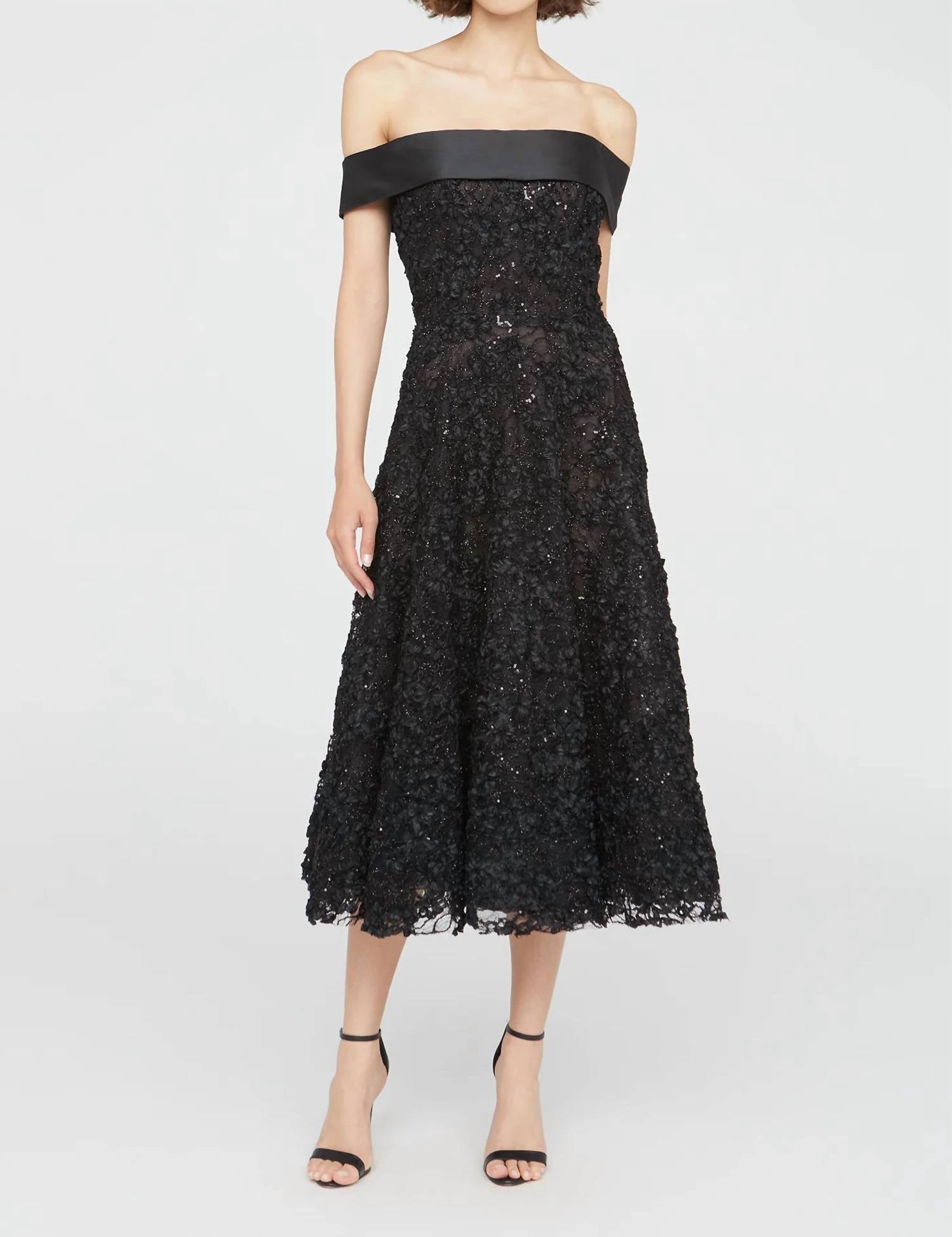 Theia - Roxy Off Shoulder A Line Floral Lurex Midi Dress