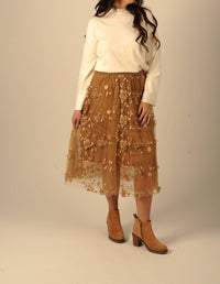 PINCH Whimsical Floral Mesh Midi Skirt in brown - women's skirt