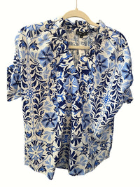 Boho Chic - Women's Floral Print Ruffle Neck Top