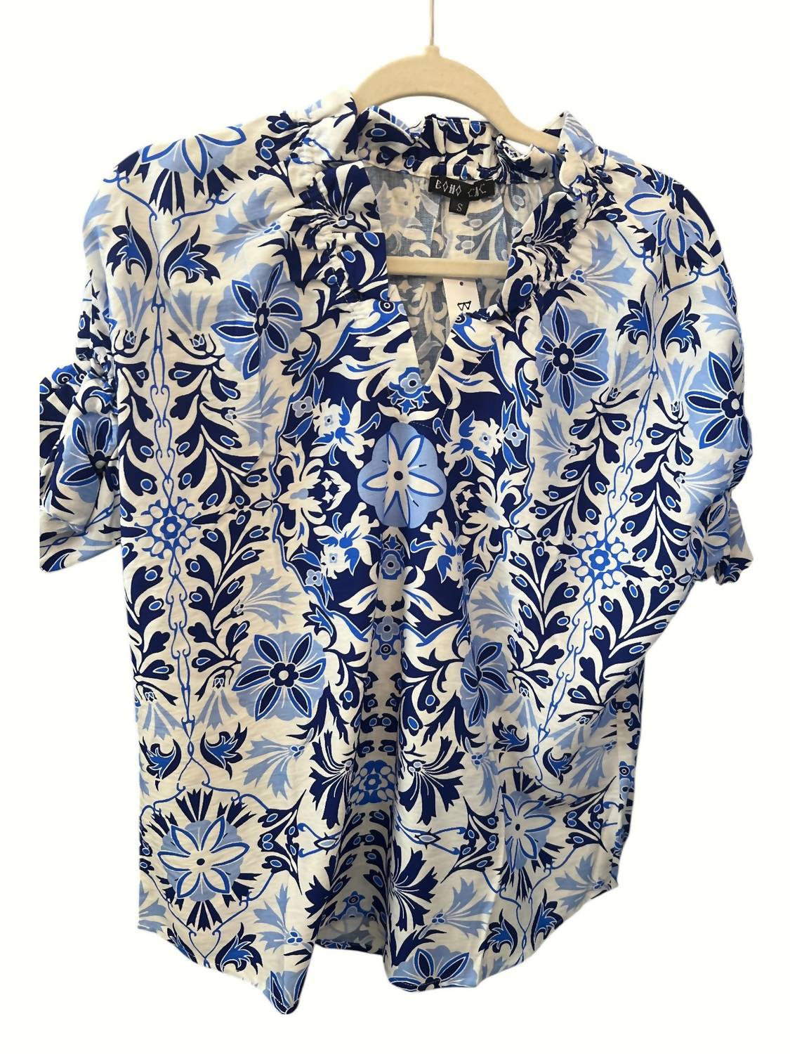 Boho Chic - Women's Floral Print Ruffle Neck Top