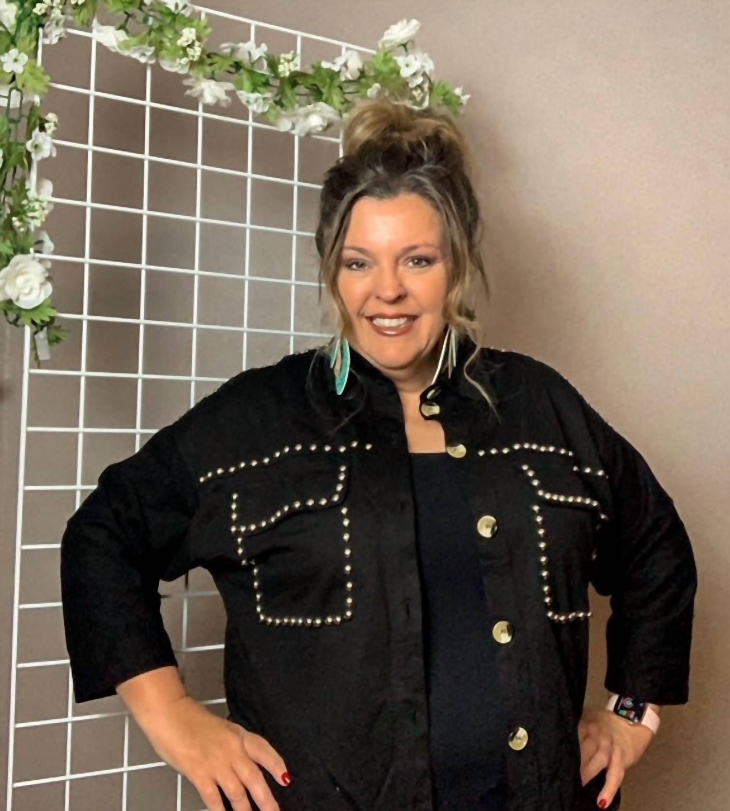FANTASTIC FAWN Kourtney Studded Button Up Top in black - women's shirt