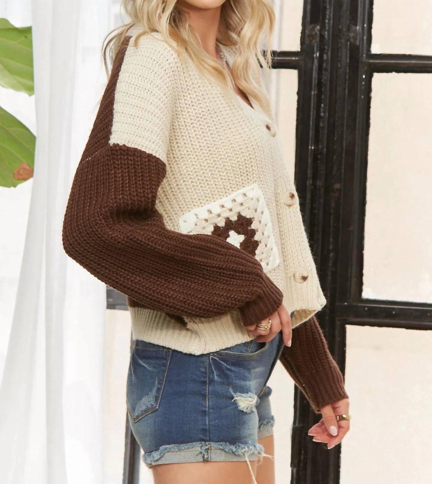 61 Jane Crochet Patchwork Cardigan Top in beige - women's cardigan - detail view