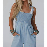 Three Bird Nest - Light Washed Smocked Cotton Jumpsuit