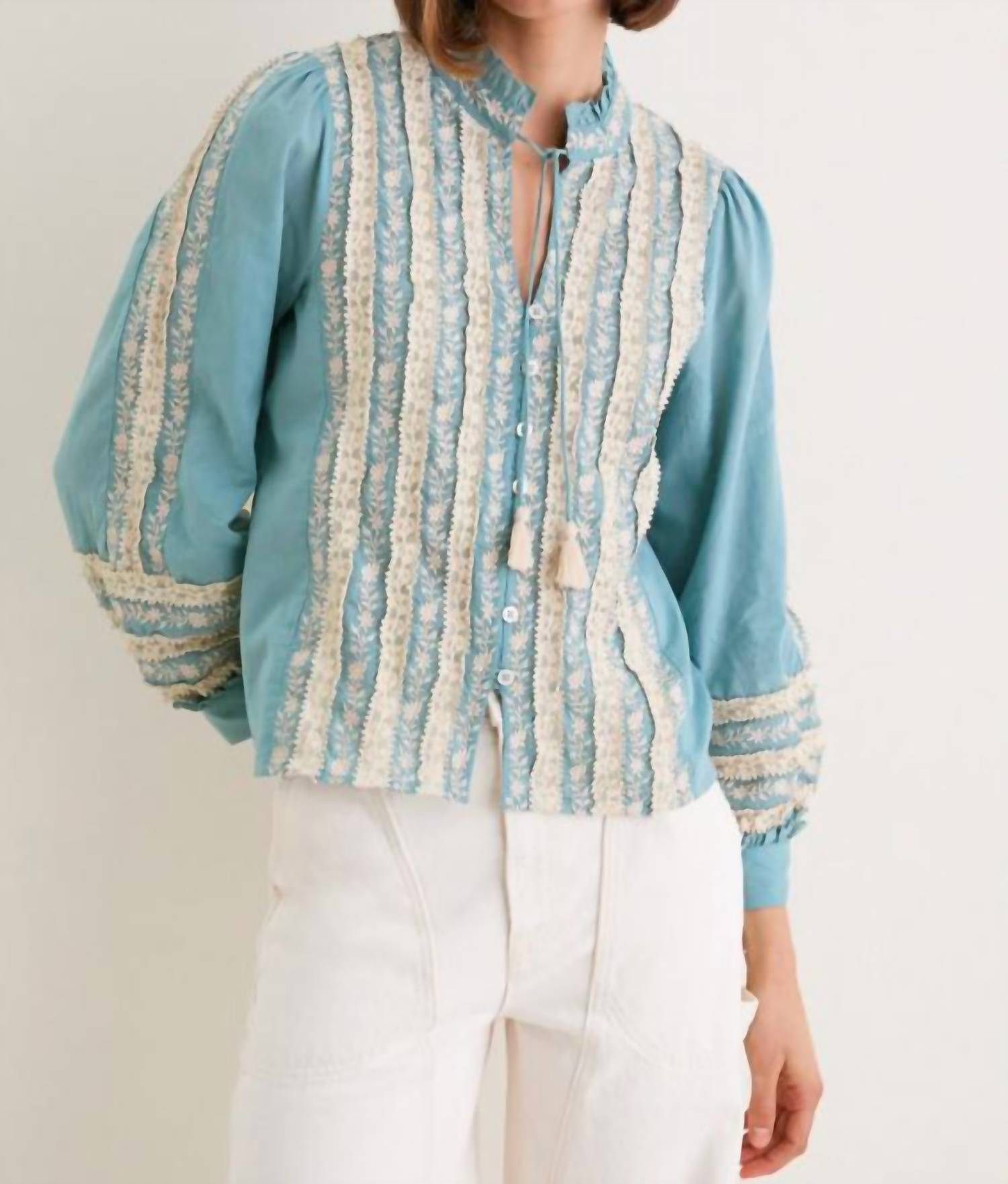 Sea - Kirsten Embroidered Lace Stripe Long Sleeve Top