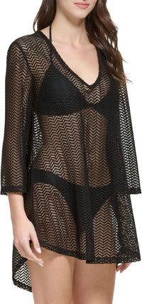 CALVIN KLEIN Swim 3/4 Sleeve Open Knit Cover Up in black - women's swimwear - detail view