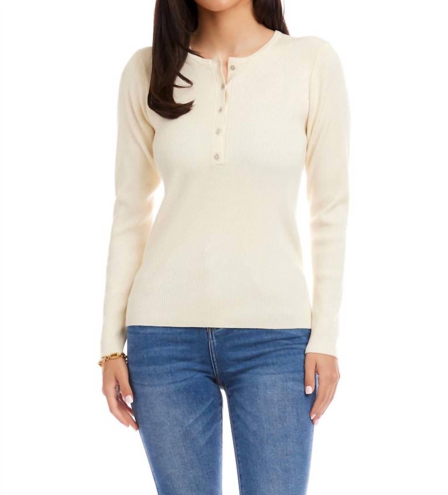 Karen Kane Henley Ribbed Crewneck Sweater in cream - women's sweater