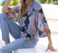 Frank Lyman Polina Printed Blouse With Side Tie in purple multi - women's blouse - alternate view