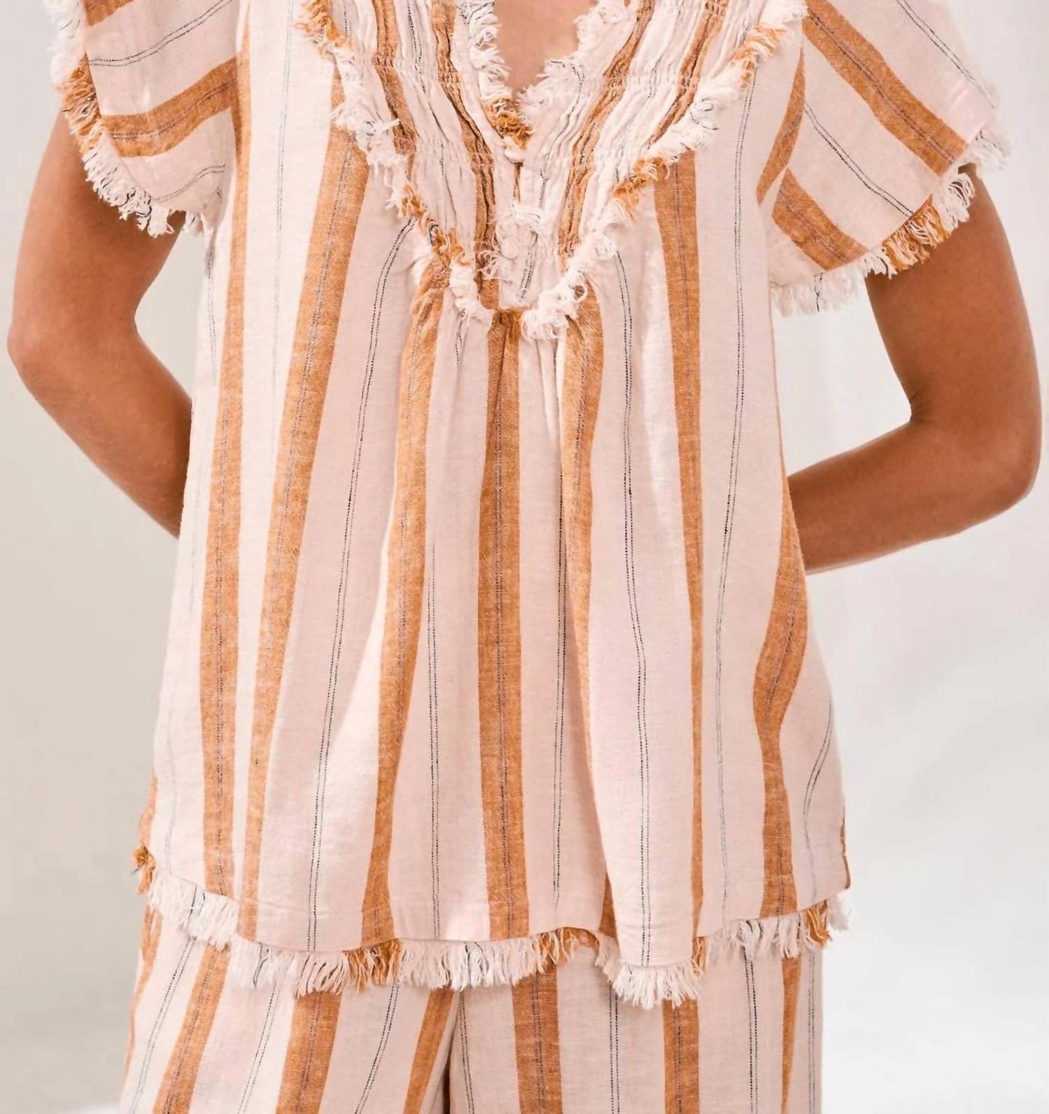 Tribal - Textured Smocked V-neck Short-sleeve Blouse