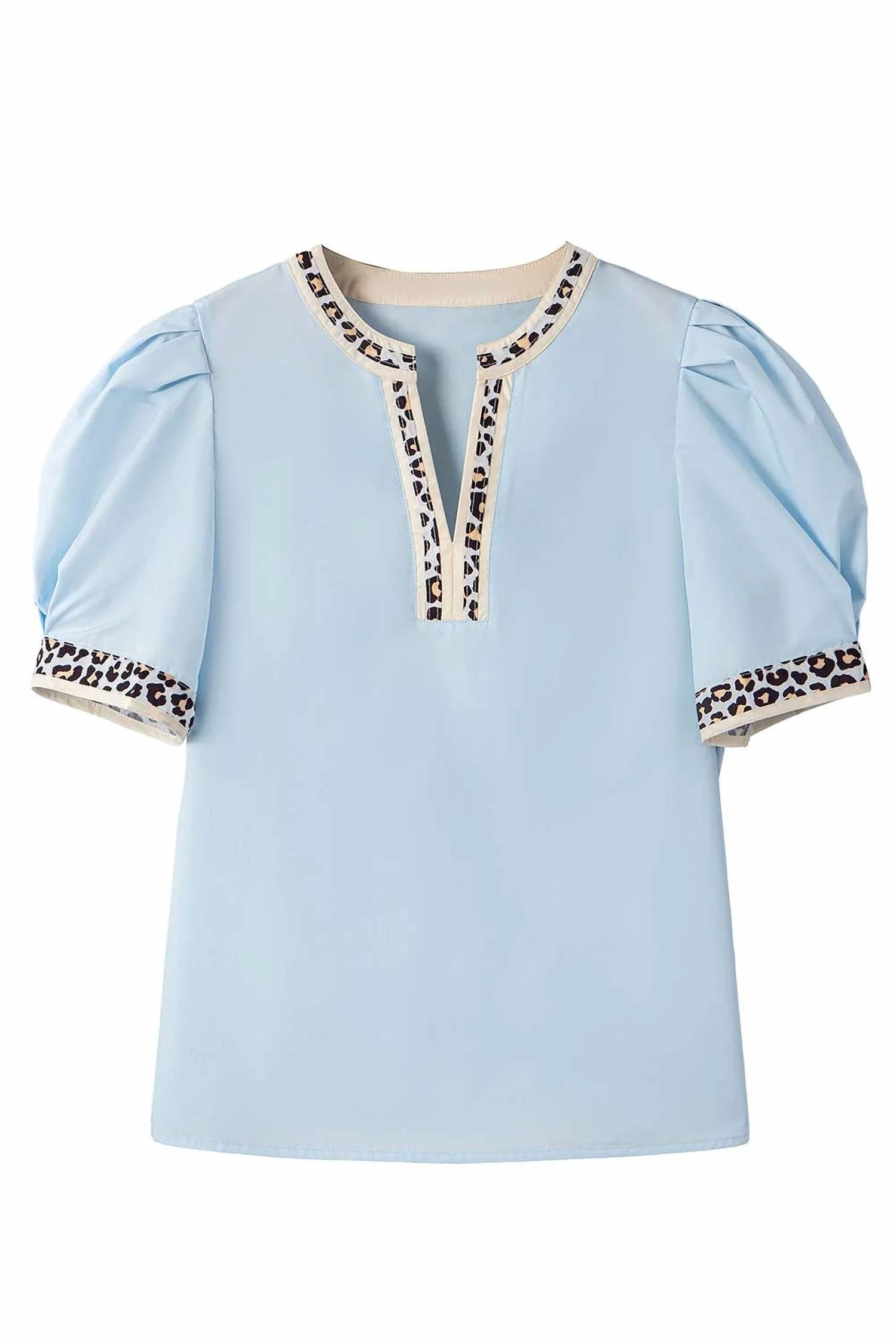 Aapparella - Contrast Leopard Trim Puff Sleeve Blouse