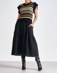 ELAN Knit Top Midi Crew Neck Woven Top Dress in black - women's dress