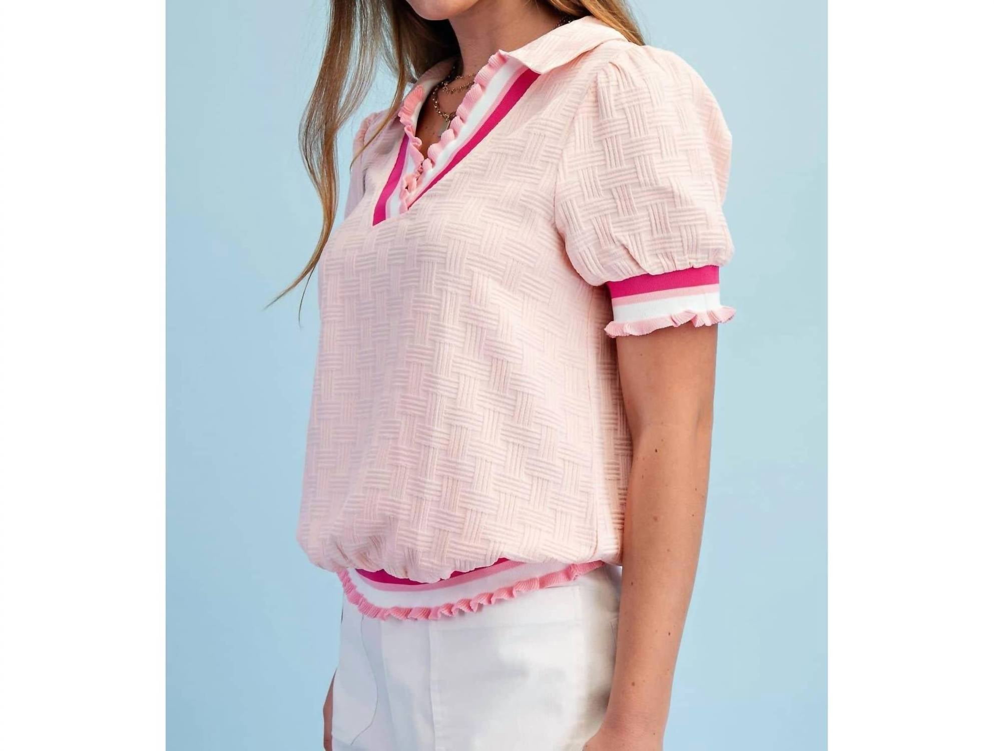 BNS Textured V-Neck Short-Sleeve Top in light blush - women's t-shirt - alternate view