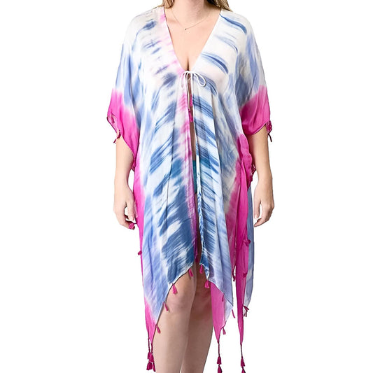 Top It Off - Boho Tie Dye Lightweight Tassel Cover Up Kimono Wrap