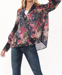 Aratta Diana Top in dark blue with red floral - women's blouse