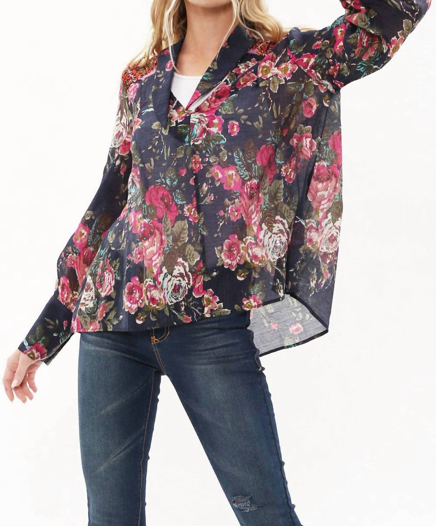Aratta Diana Top in dark blue with red floral - women's blouse