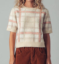 Urban Daizy Plaid Short Sleeve Knit Sweater Top in ivory - women's sweater