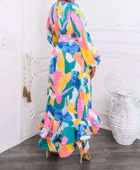 Surelymine - Color Splash Ruffle Wrap Maxi Dress with Balloon Sleeves