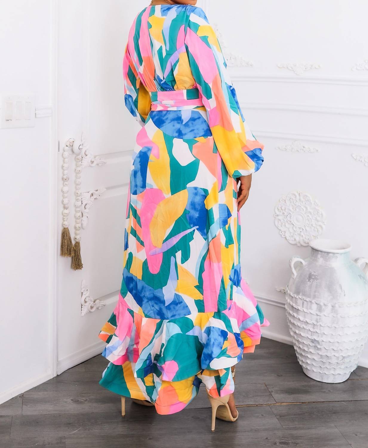 Surelymine - Color Splash Ruffle Wrap Maxi Dress with Balloon Sleeves