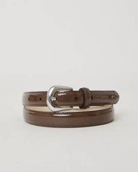 B-LOW THE BELT Women's Kennedy Mini Patent Leather Belt in chocolate silver - women's accessory - detail view