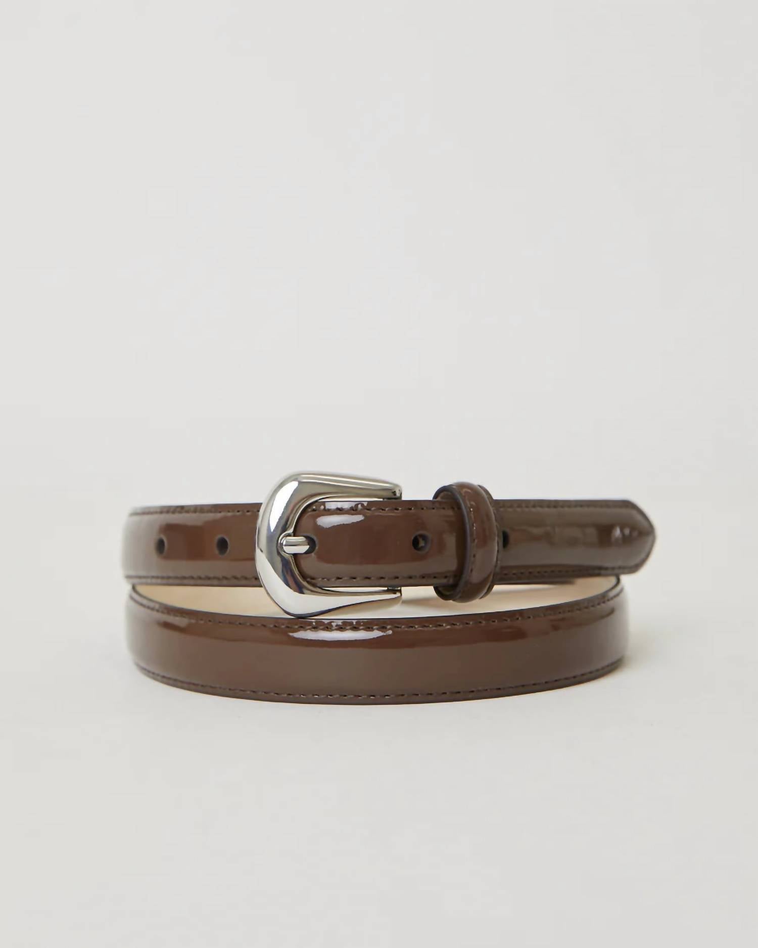 B-LOW THE BELT Women's Kennedy Mini Patent Leather Belt in chocolate silver - women's accessory - detail view